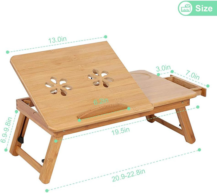 Bambus Laptoptisch klappbar, höhenverstellbar mit Schublade und Lüftungslöchern, für Couch und Bett,