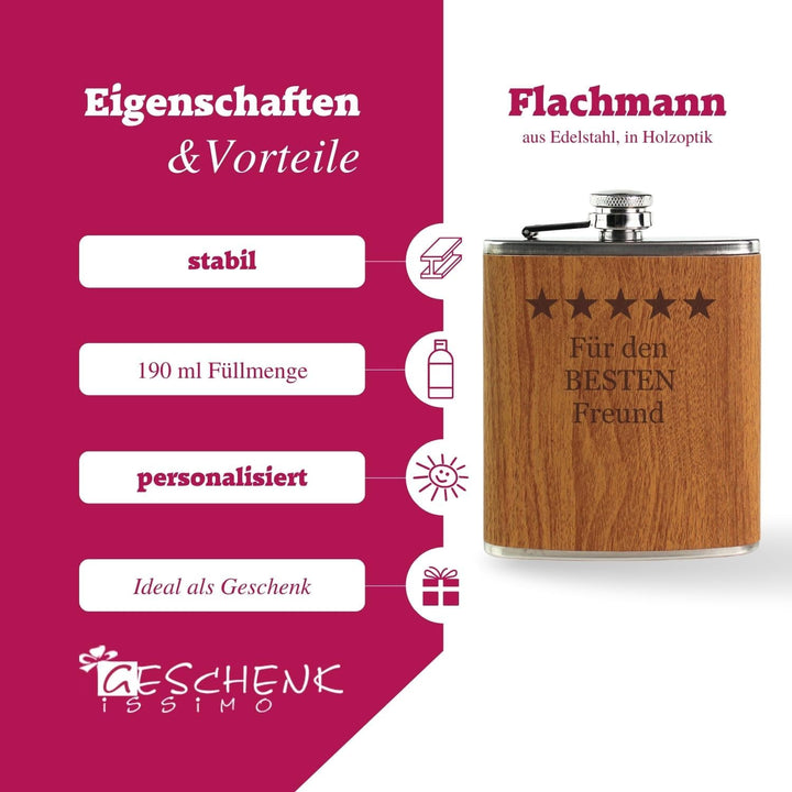 Flachmann mit Gravur, Name + Motiv, Geschenkidee für Männer + Frauen, Schnapsgeschenk in Holz Optik,