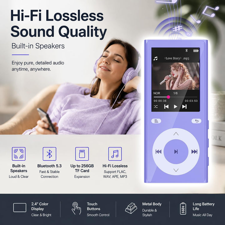 90GB MP3 Player Bluetooth 5.3, Musik Player 2 TF-Kartensteckplätzen Lila, Lila