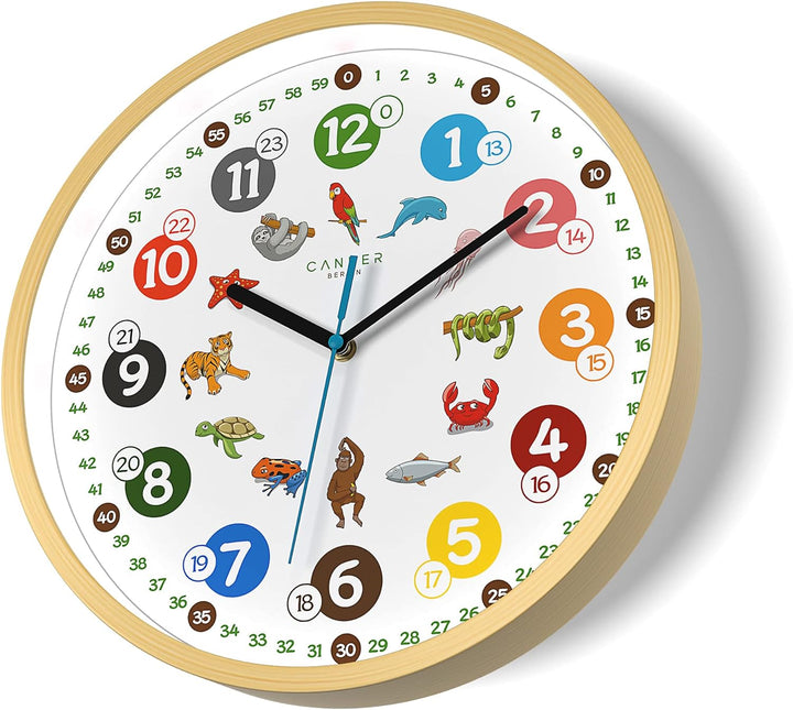 Cander Berlin MNU 2430 T Wanduhr Kinder Holzmotiv 30,5 cm Tiere Lernuhr Holzuhr lautlos geräuschlos