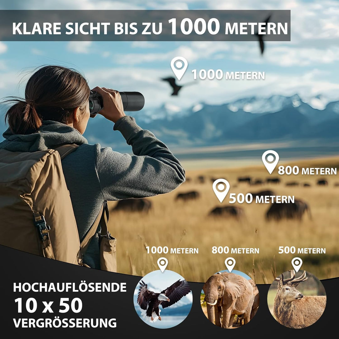 10 x 50 Fernglas - Hochleistungs-Fernglas für Erwachsene, HD optisches System, Rutschfester Griff, w