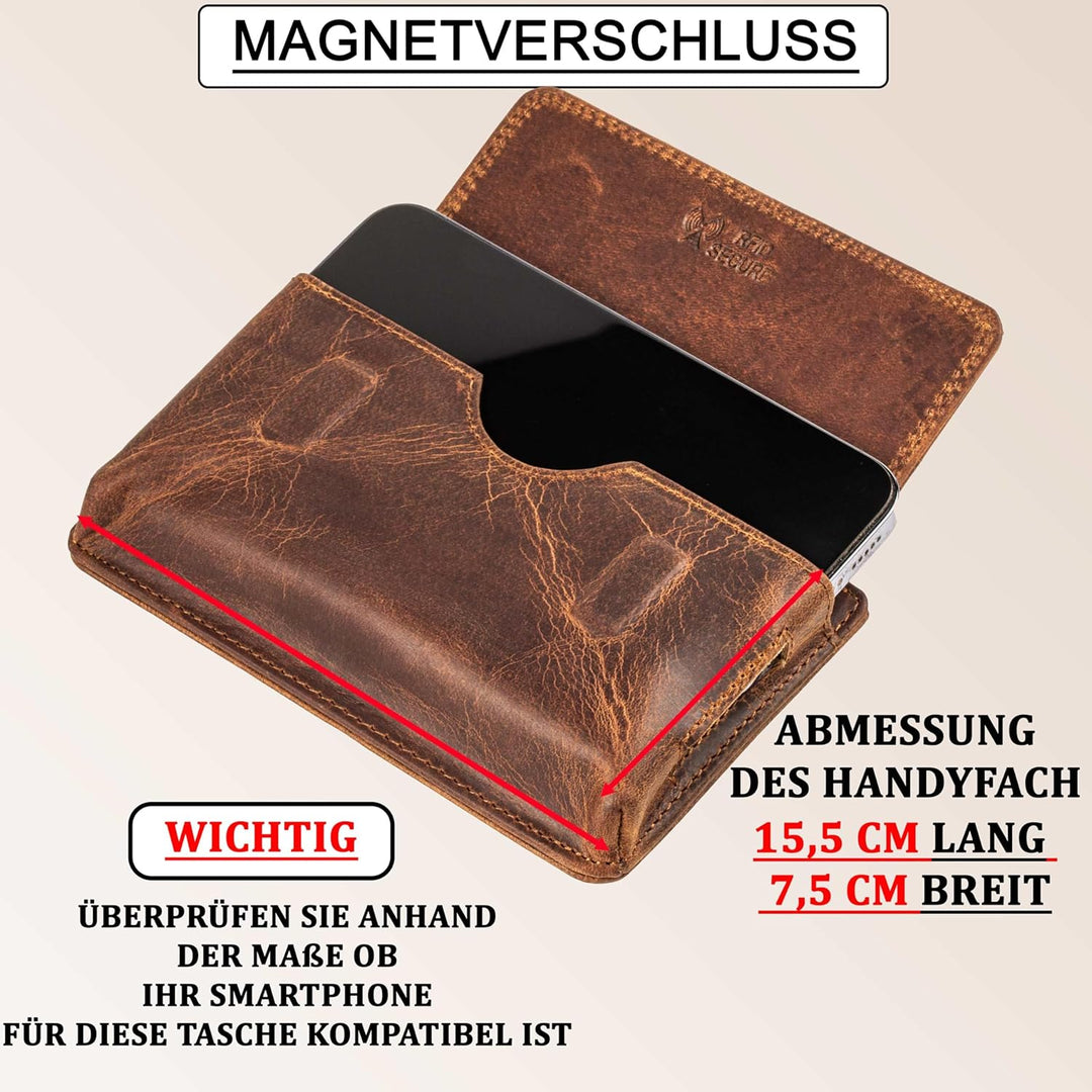 MATADOR Echt Leder Gürteltasche mit Magnetverschluss und YKK Reissverschlussfach mit RFID Schutz für