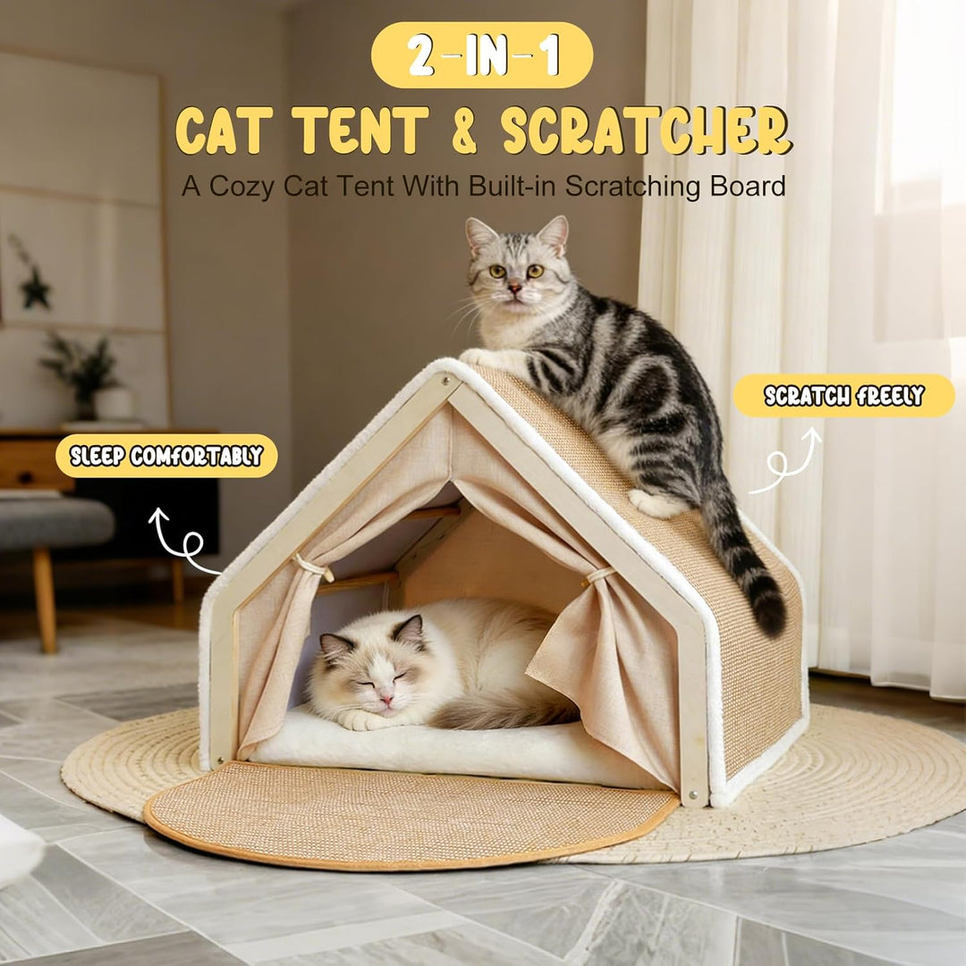 2-in-1 Katzenhaus Mit Kratzbrett Aus Holz, Katzenzelt Indoor Mit Sisal Kratzfläche Und Weichem Plüsc