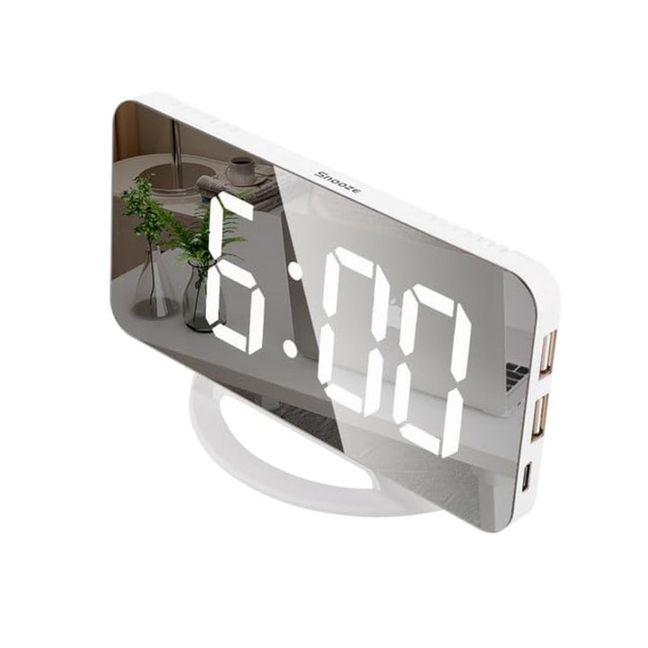 INF Digitalwecker mit Spiegelglas / weiss, Tischuhr in modernem Design mit LED-Ziffern