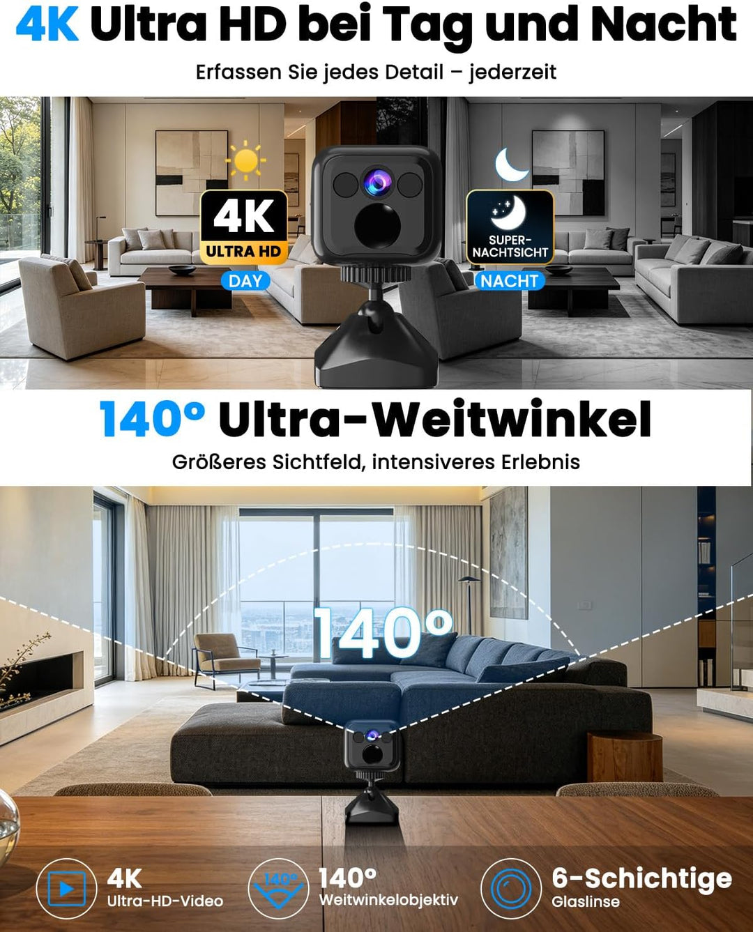 UCOCARE Mini Überwachungskamera Innen Ohne WLAN, 4K Mini Kamera mit Akku 5000mAh, WiFi &amp; AP Modus, N