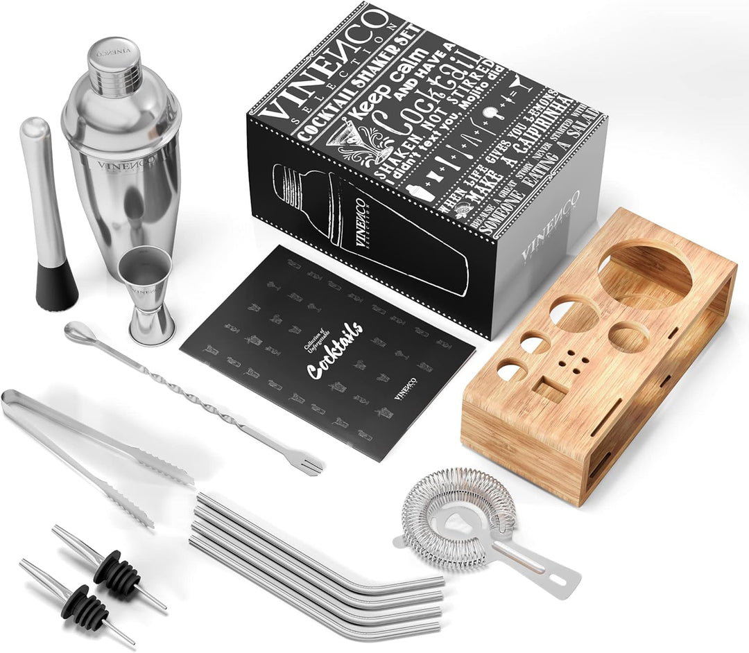 Cocktail Shaker Set mit Ständer & Rezeptbuch: Premium Edelstahl Bar Cocktailset Cocktailshaker Messb