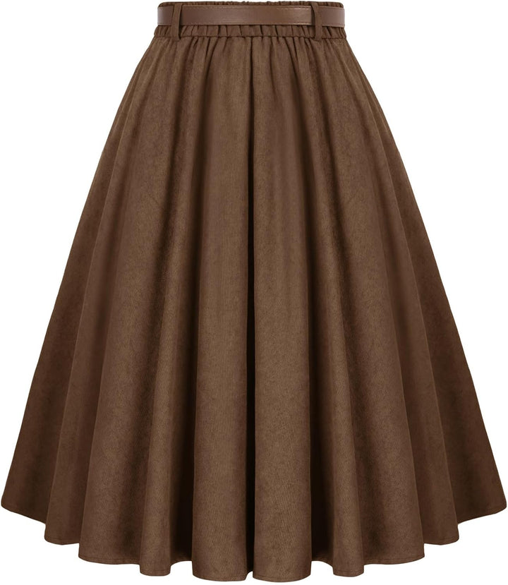 Belle Poque - Damenrock mit hoher Taille und Taschen, ausgestellt, A-Linie, Midi-Rock Dunkelbraun