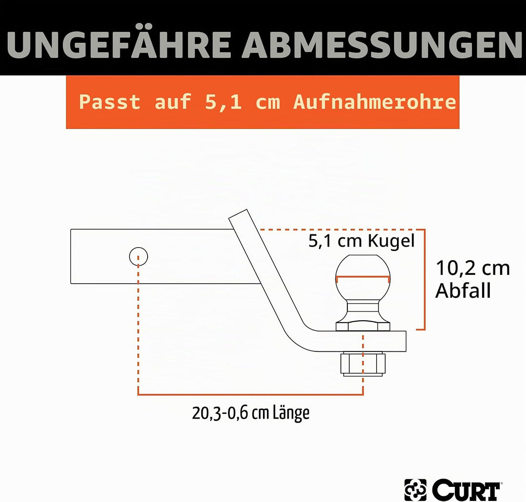CURT 45056 Anhängerkupplungshalterung mit 5,1 cm Kugel und Stift, passend für 2-Zoll-Empfänger, 3,4