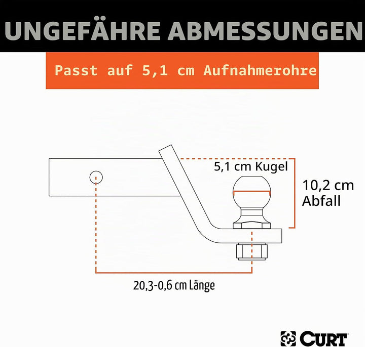 CURT 45056 Anhängerkupplungshalterung mit 5,1 cm Kugel und Stift, passend für 2-Zoll-Empfänger, 3,4