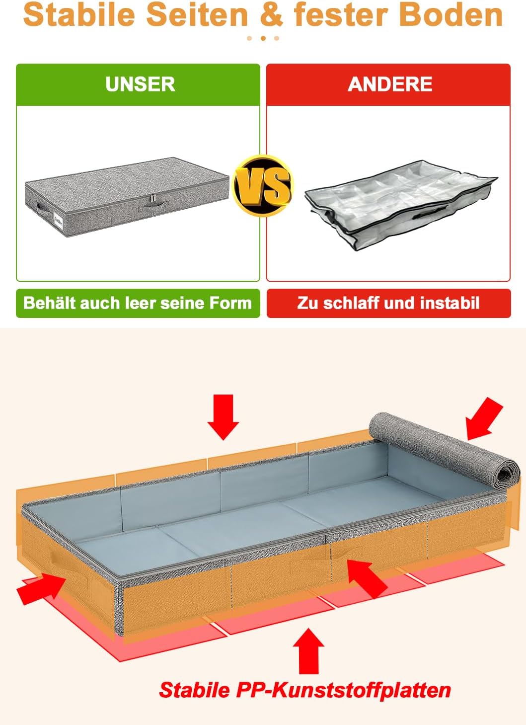 mepure Unterbett Aufbewahrungsbox 10 cm hoch, grau – formstabile Unterbettbox mit Deckel & 3 Griffen