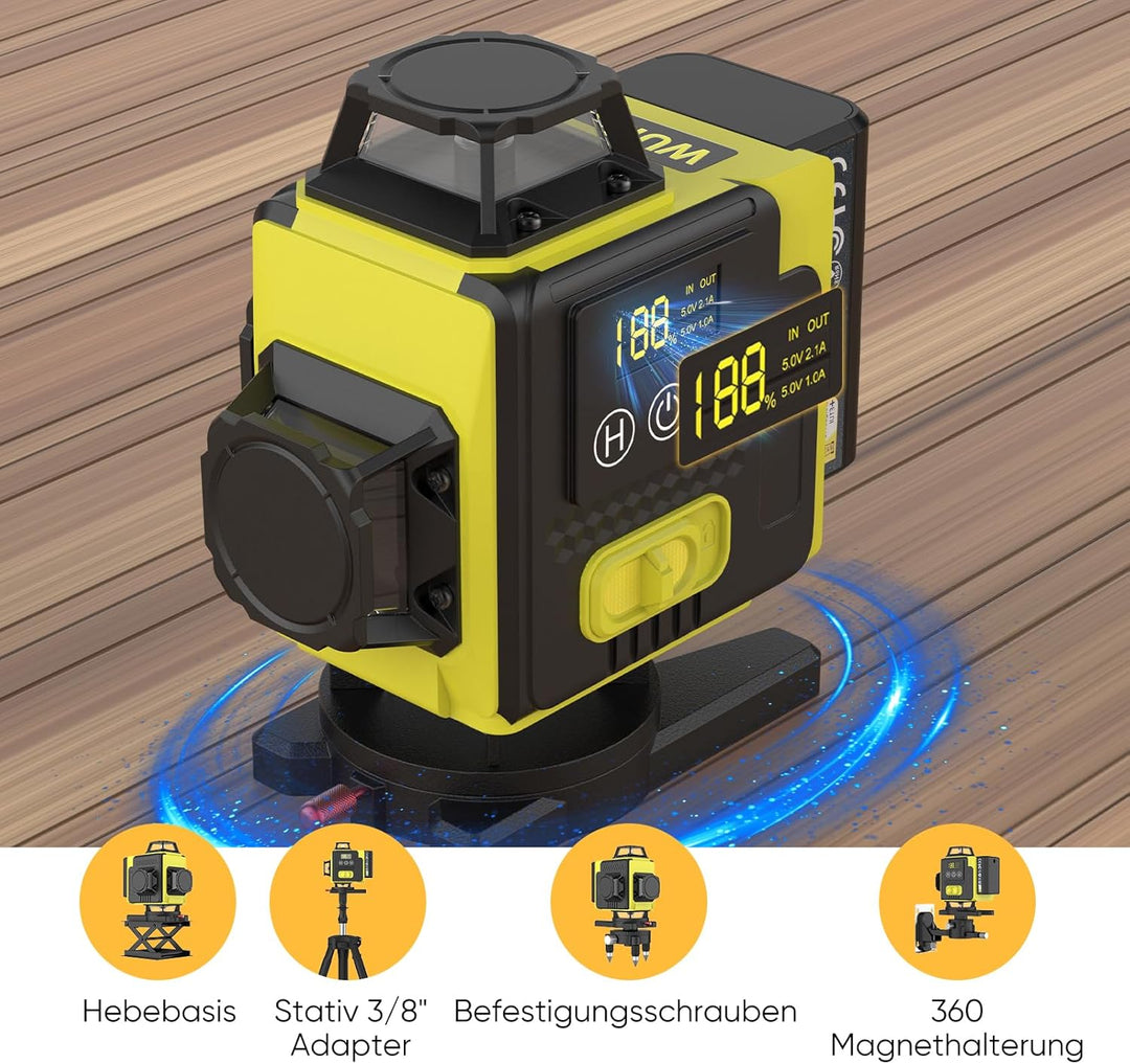 Kreuzlinienlaser mit Stativ, 4x360 Grad Grün Selbstnivellierend Laser Wasserwaage mit 2xBatterien 4D