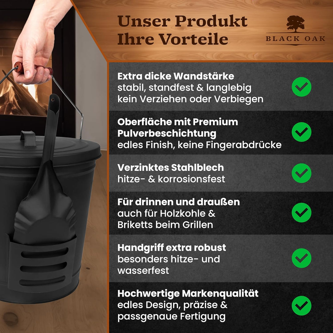 BLACK OAK Ascheeimer Stromboli 20L – schwarz mit Deckel Schaufel & Besen Bügel Silber gross 20 Liter