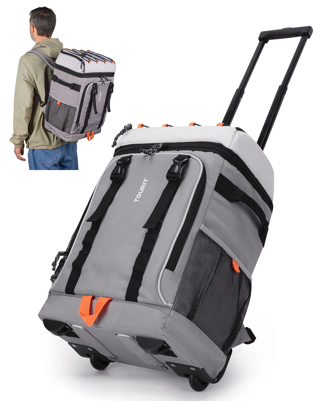 TOURIT Kühlrucksack mit Rollen für 50 Dosen, doppelter Boden und Doppelgriff, tragbare Kühltasche mi