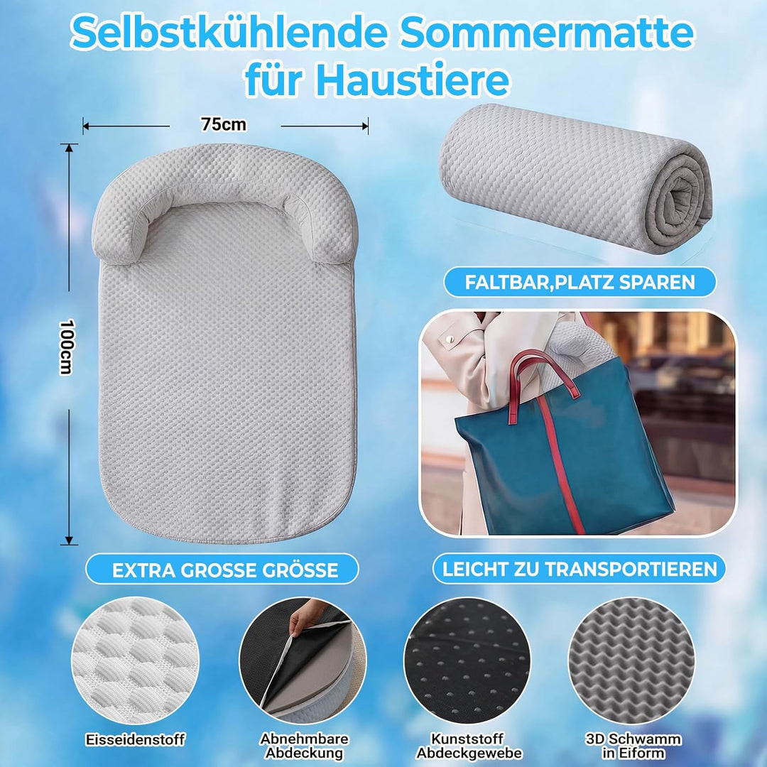 Kühlmatte Hund Gross Selbstkühlend Waschbar (100 * 75Grau) | Sommer Tragbares Kühldecke Hund Rutschf