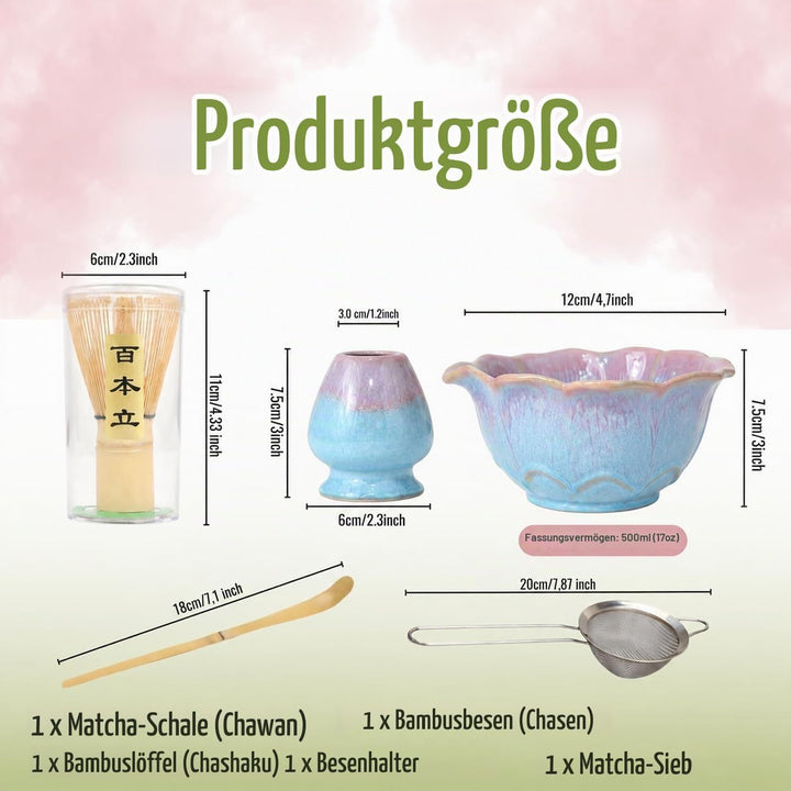 Matcha Set 5-teilig, Matcha Schale mit Ausgiesser in Blumenform Blau Rosa, Chasen, Bambusbesen, Chas