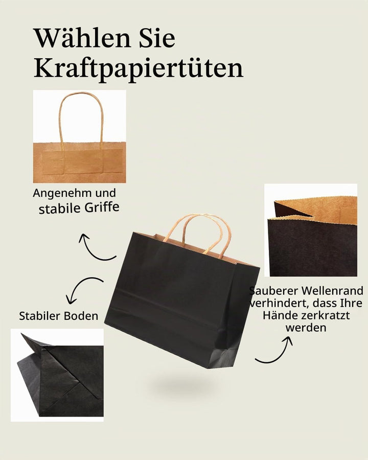 Gcardist 100 Stück Schwarz-Geschenktüten aus Papier mit Henkeln–12.6"x4.3"x10"-Tüten Breite Tasche P