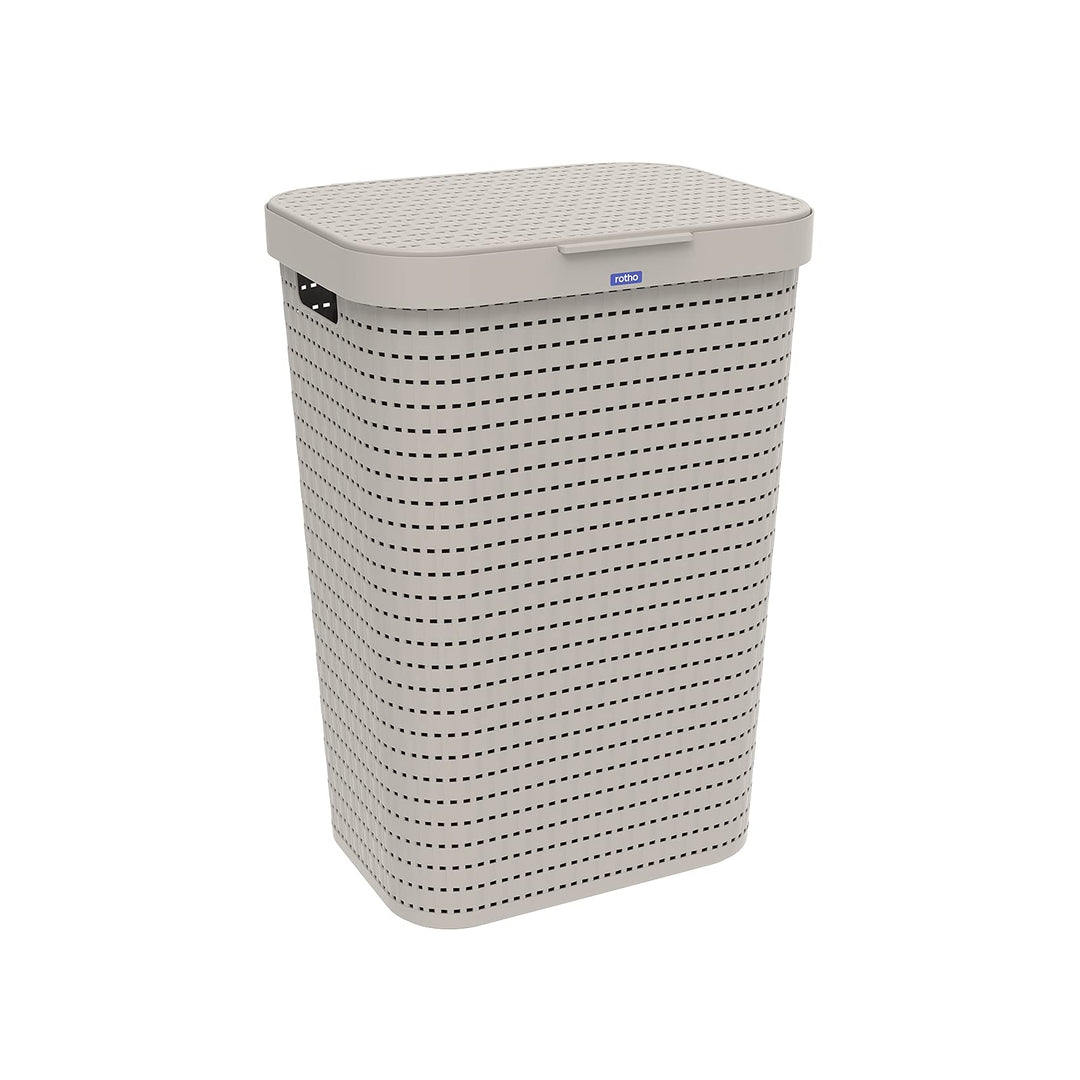 Rotho Country Wäschesammler Kunststoff mit Deckel 55l | Wäschekorb schmall in Rattan-Optik | Deckel