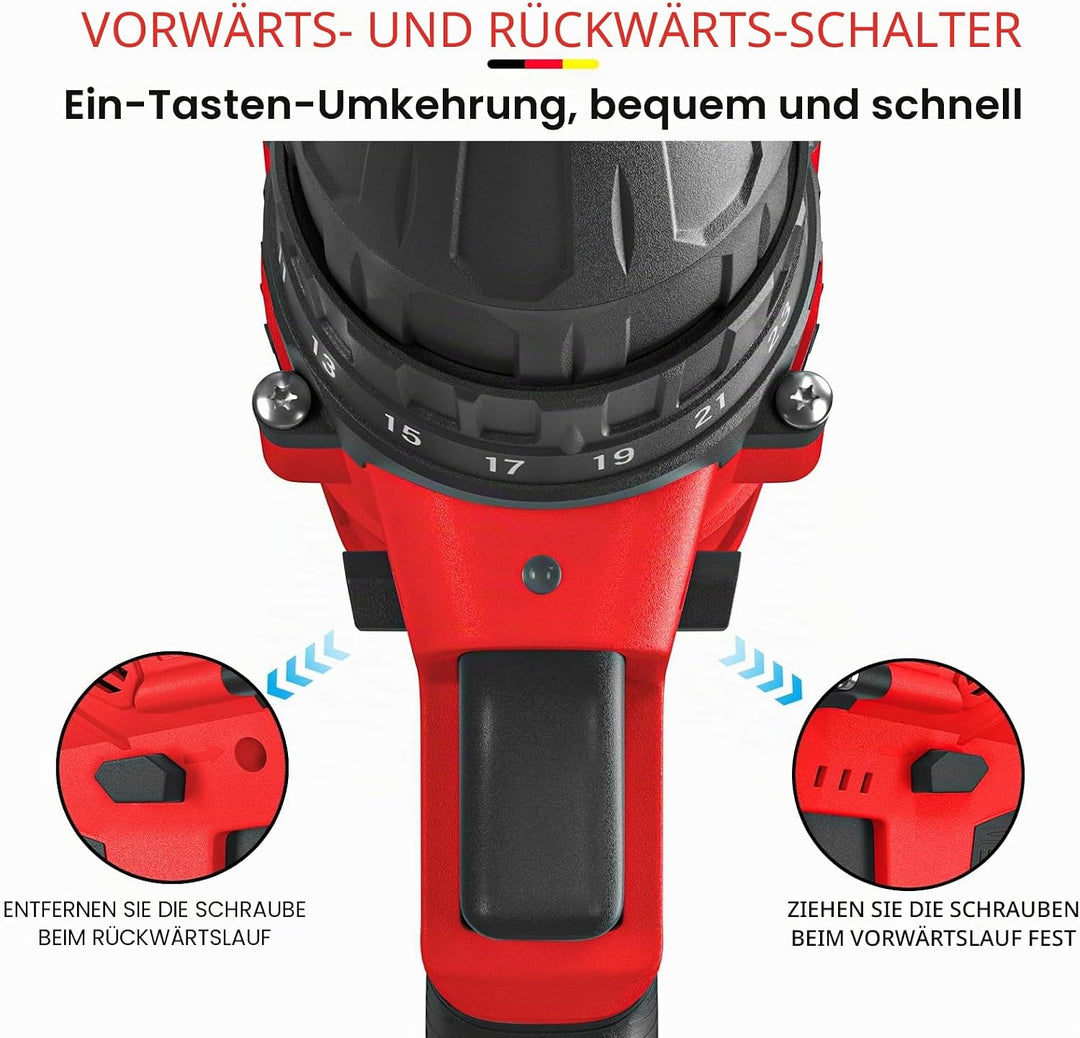 21 V Akku-Bohrschrauber Set mit Ladegerät und 2 Akkus with 2 batteries Rot, with 2 batteries Rot