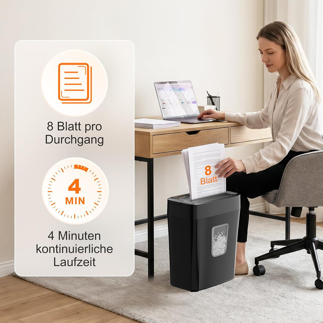 Bonsaii P4 Aktenvernichter, 8 Blatt, Schredder für Zuhause und Büro, C261-C | Kreuzschnitt 5x14mm, S