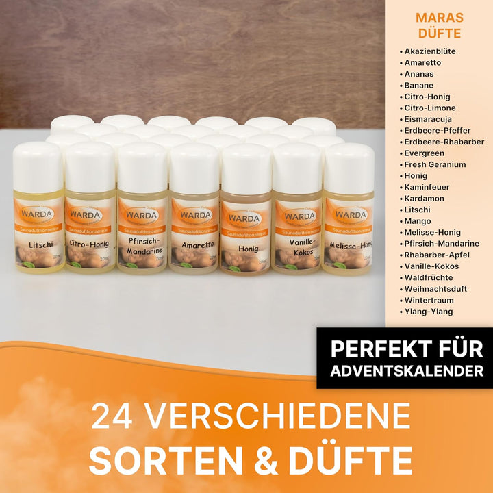 Miniatur-Set mit 24x 20 ml Flaschen von Warda Saunaduftkonzentrat Adventskalenderfüllung (24, MARAS