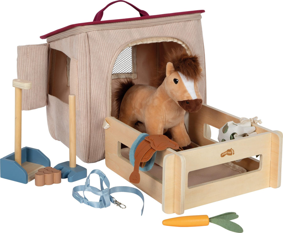 small Foot Spielset Pferd mit Stall und Zubehör in der Tasche, Plüschpferd mit vielseitiger REIT- un