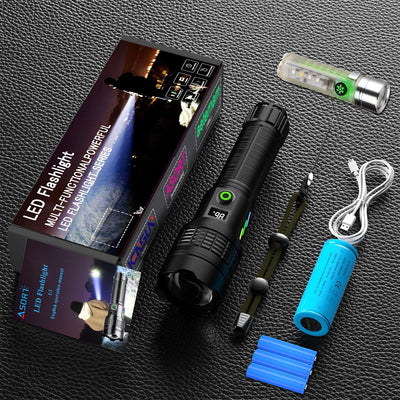 ASORT LED Taschenlampe Aufladbar, Extrem Hell 500000 Lumen, Zoombare, 6 Modi, IP67 Wasserdicht, Perf