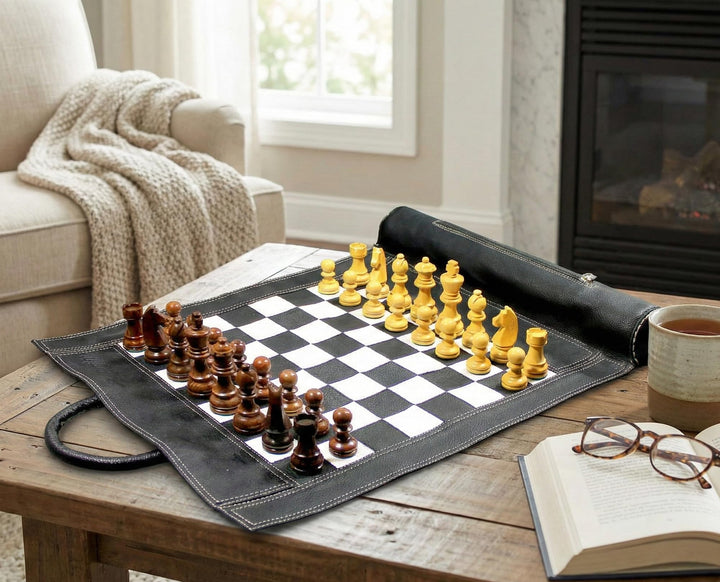 Stonkraft 19" x 15" Schachbrett Grösse 12" x 12" echtes aufrollbares Leder-Schachspiel mit Schachfig