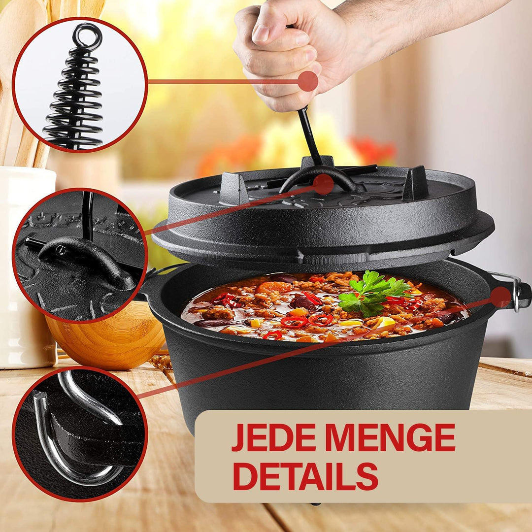 BUFFALO BBQ eingebrannter Dutch Oven - gusseiserner Feuertopf mit 7,5 L Fassungsvermögen - inkl. Dec