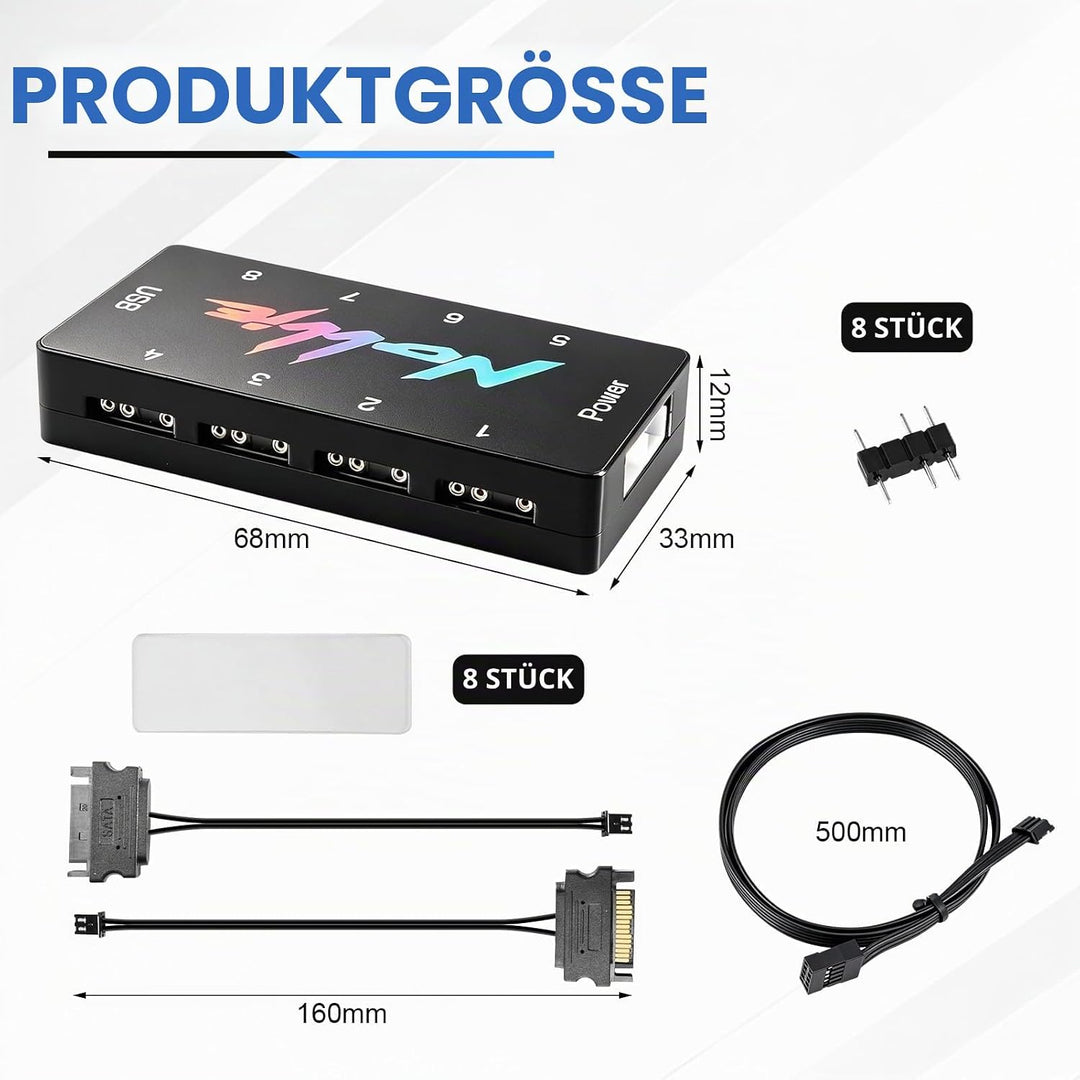 8-Port Signal RGB-Controller für PC, 5V 3-Pin SATA-gespeister ARGB-Controller PC-Beleuchtungs-Hub, F