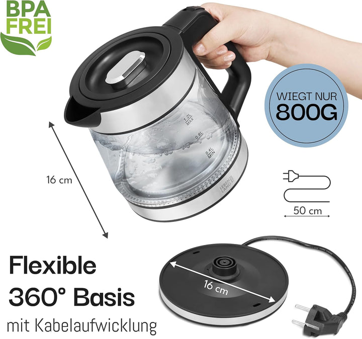 LEBENLANG Glas Wasserkocher klein - 1,2 Liter mit LED Beleuchtung I Edelstahl Design BPA-Frei Wasser