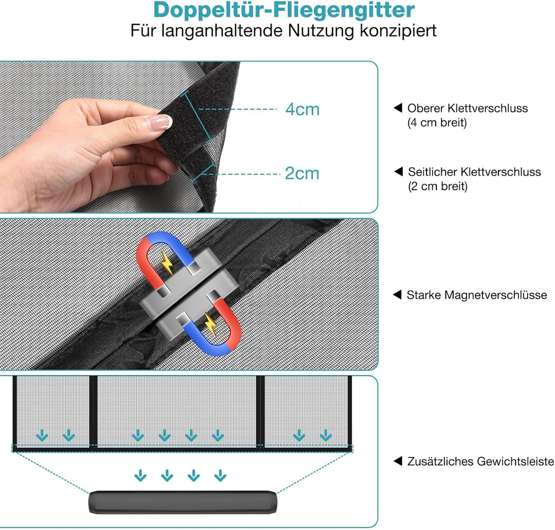Fliegengitter Tür 160x210 cm Schwarz, Magnetisches Fliegengitter Balkontür Doppeltür – Ohne Bohren K