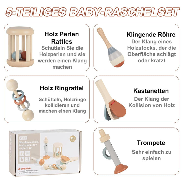 5pcs Montessori Holz Rassel - Musik Holz Spielzeug, Montessori Sensorik Spielzeug, musikinstrumente