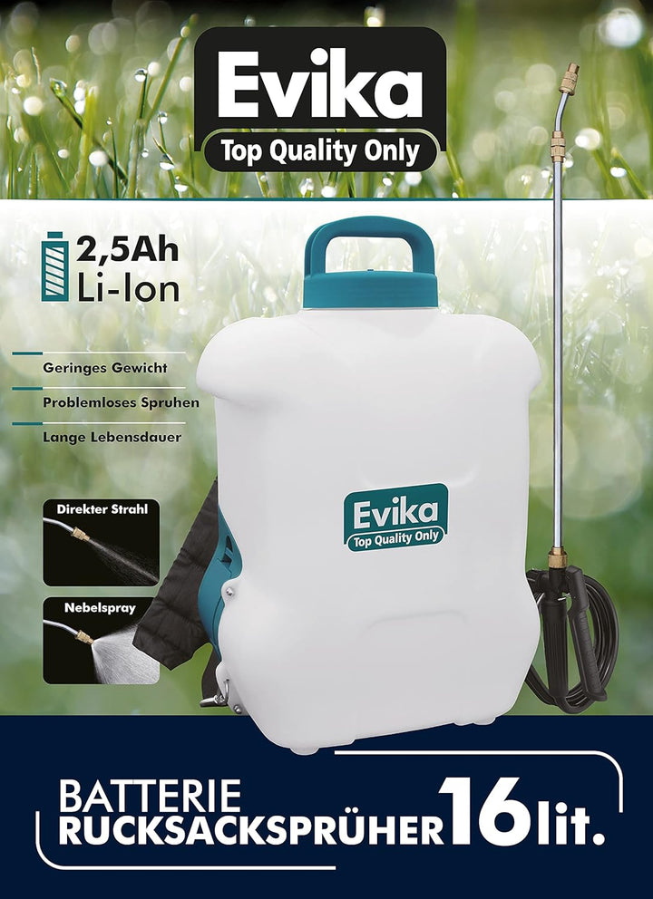 EVIKA Akku Drucksprüher 16 Liter inkl. Li-Ion Batterie und Ladegerät, für Garten/Weingut/Rasen, Rück