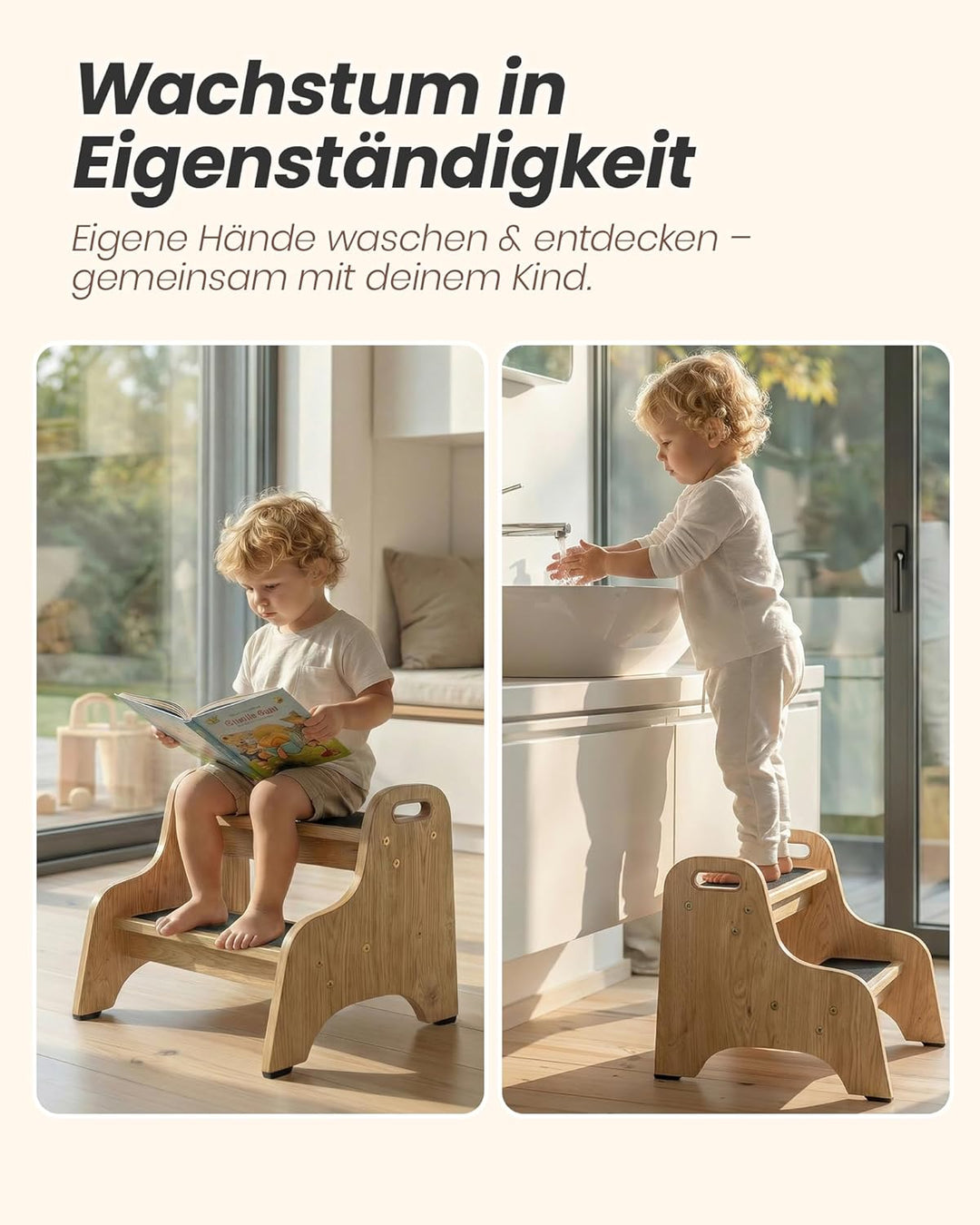 Tritthocker Kinder aus Holz – extra stabil & rutschfest, Anti-Rutsch Stufen, sichere Rundkanten, Fes