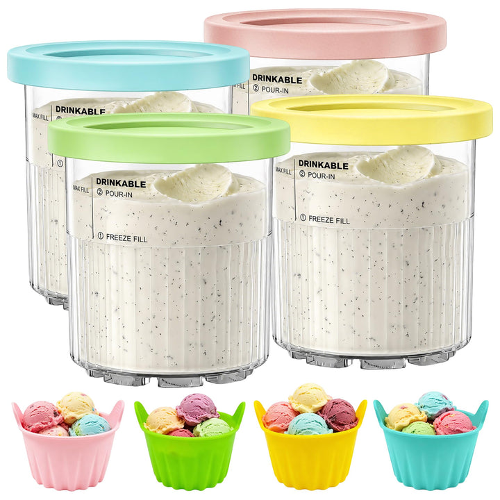 4 Stück Behälter für Ninja Creami Deluxe + Silikon-Dessertbecher, Ersatz Pints mit Deckel für NC500