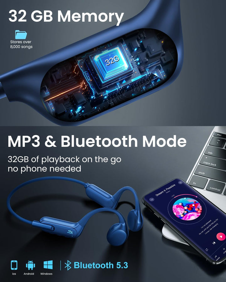 HIFI WALKER T10 Air Schwimmkopfhörer, IPX8 wasserdichte Knochenschall Kopfhörer mit 32GB MP3 Player,