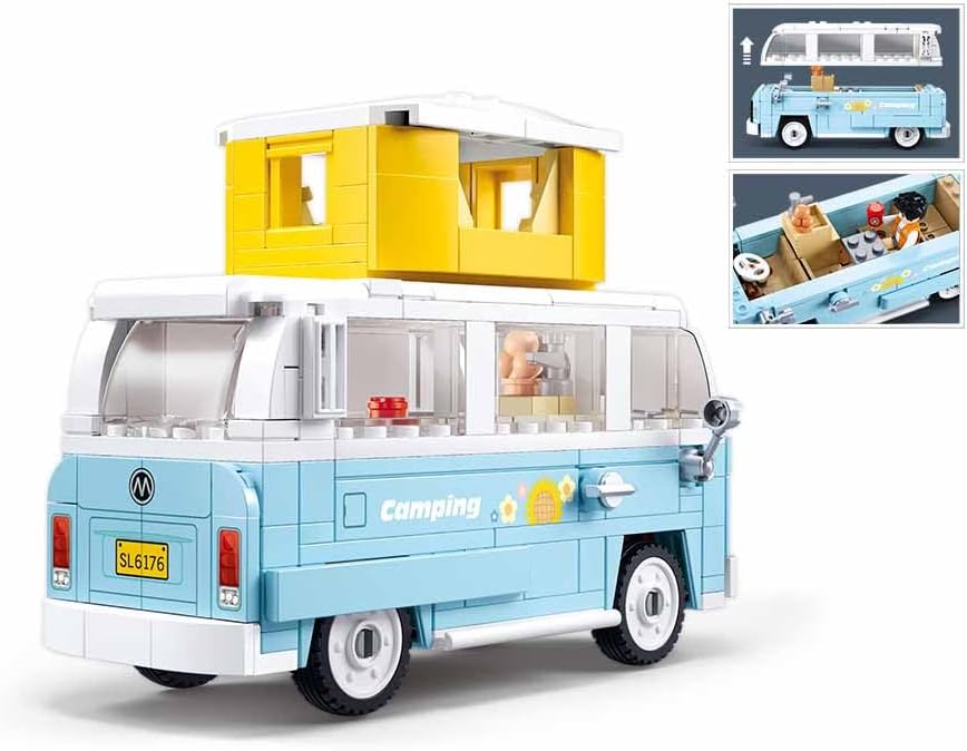 Sluban TS-2 Camping Modellbaukasten, 1/35 Massstab, 265 Teile, Blauer Campingbus mit Gelbem Dachaufs