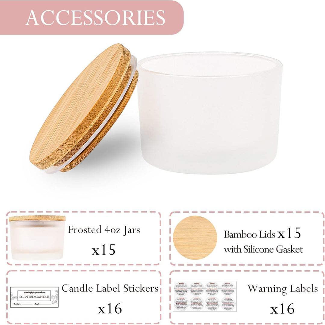 CONNOO 15 Stück 120 ml Frostige Glas-Kerzengläser mit luftdichten Bambusdeckeln zum Kerzenmachen, kl
