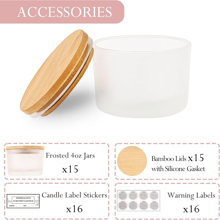 CONNOO 15 Stück 120 ml Frostige Glas-Kerzengläser mit luftdichten Bambusdeckeln zum Kerzenmachen, kl