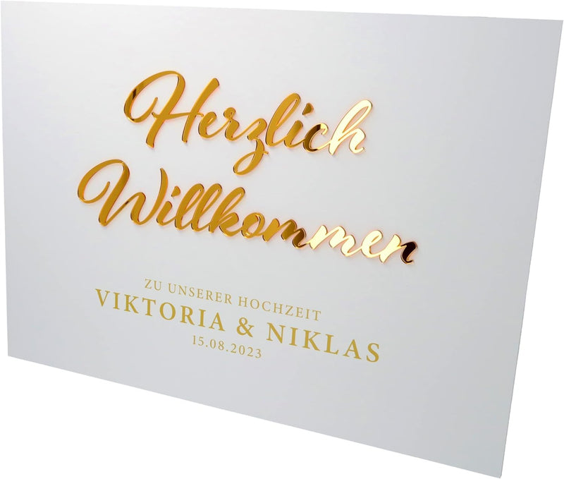 Goodtimes Willkommensschild Hochzeit mit persönlichen Namen & Datum 70x50 Gold