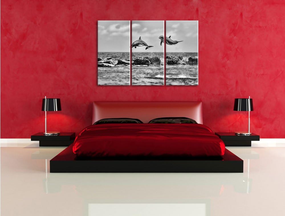 Pixxprint springende Delphine als Leinwandbild | Grösse: 3 Teilig (120x80) | Wandbild| Kunstdruck |