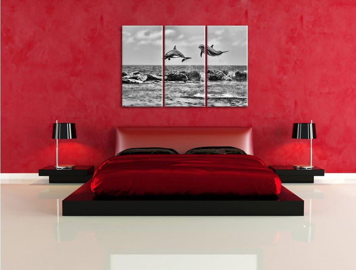 Pixxprint springende Delphine als Leinwandbild | Grösse: 3 Teilig (120x80) | Wandbild| Kunstdruck |