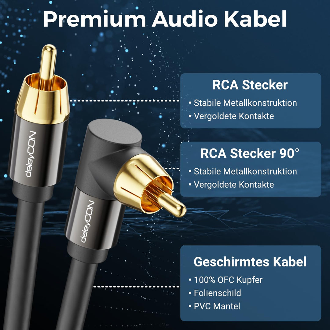 deleyCON 15m Subwoofer Kabel Cinch RCA Koaxialkabel Winkelstecker | Nylon Kabel für Subwoofer, AV-Re