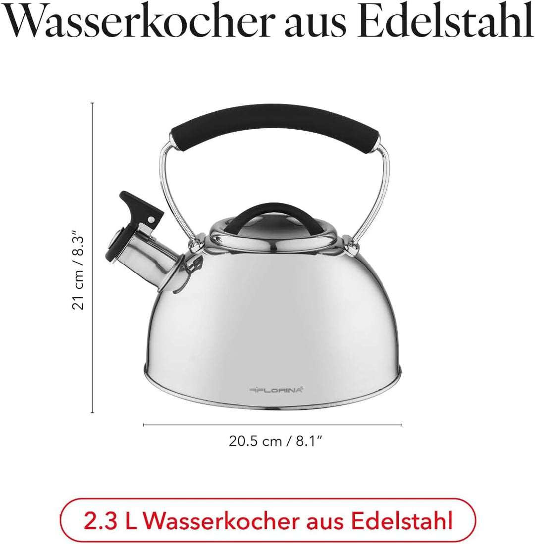Florina Induction Kettle, Whistling Kettle, All Hob Types, 2.3 L, Stainless Steel Tea Kettle, Cool T