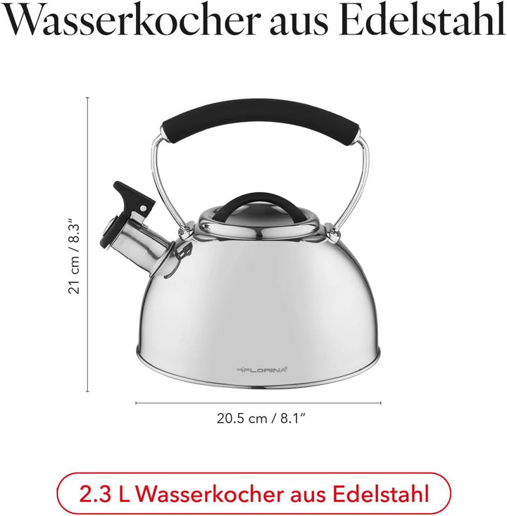 Florina Induction Kettle, Whistling Kettle, All Hob Types, 2.3 L, Stainless Steel Tea Kettle, Cool T