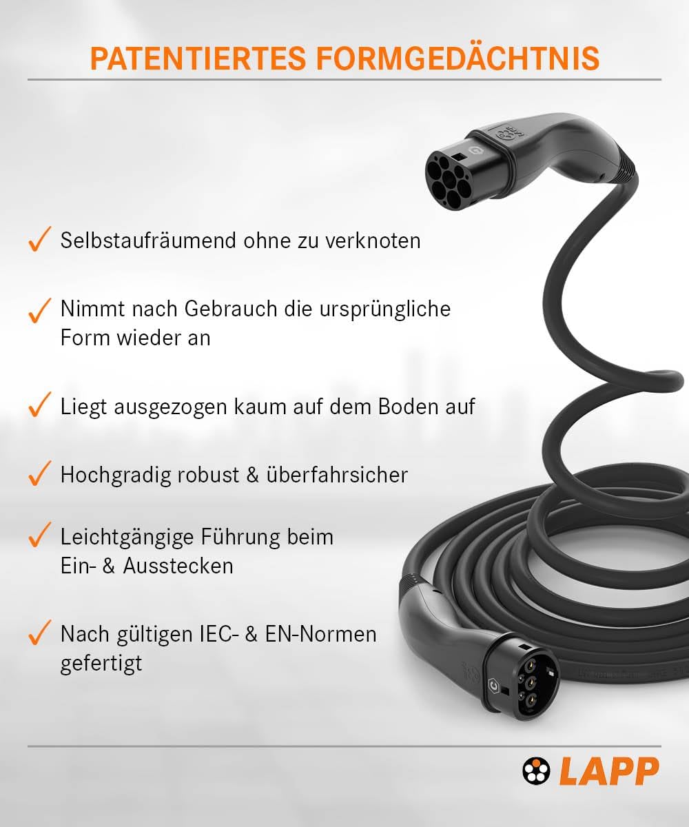 LAPP MOBILITY Helix Typ 2 Ladekabel 7,4 kW/Selbstaufrollend / 32 A / 1-Phasig/E-Auto Ladekabel/Mode