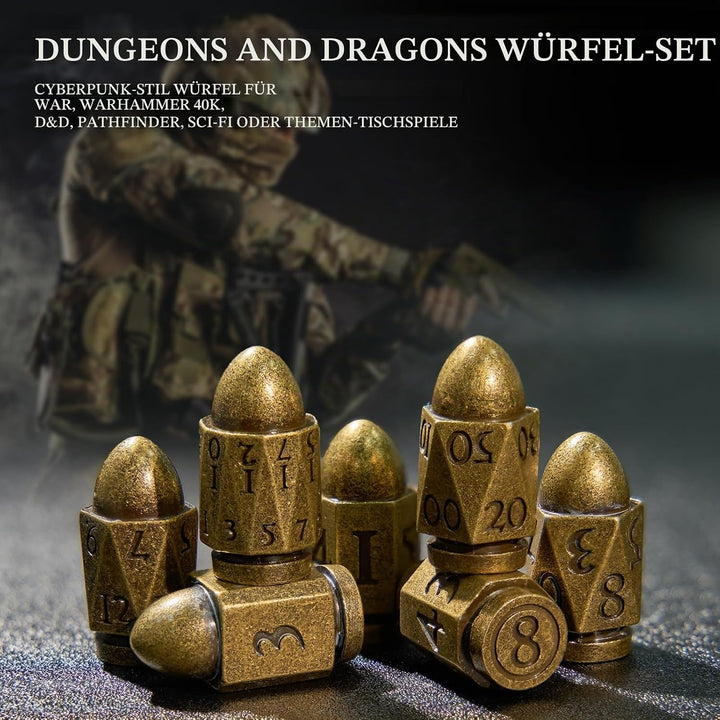 D&D Würfel Set 7 Stück aus Metall, Polyedrische Würfel in Bullet Bronze, für D&D, Rollenspiel Würfel