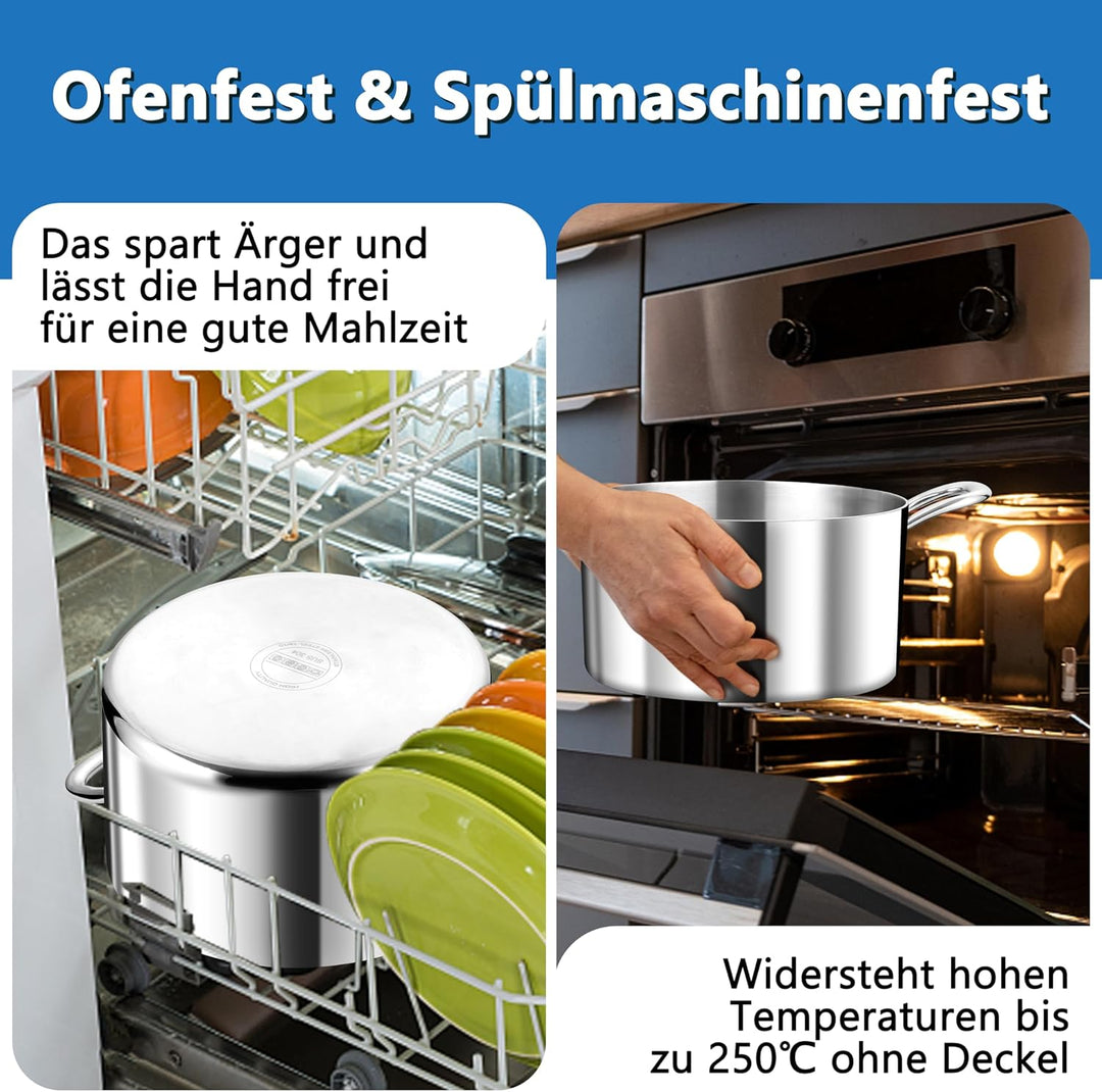 TEAMFAR Kochtopf Gross 24cm, 3-Lagen Edeastahl 5,7L Topf mit Glasdeckel für alle Herdarten, Suppento
