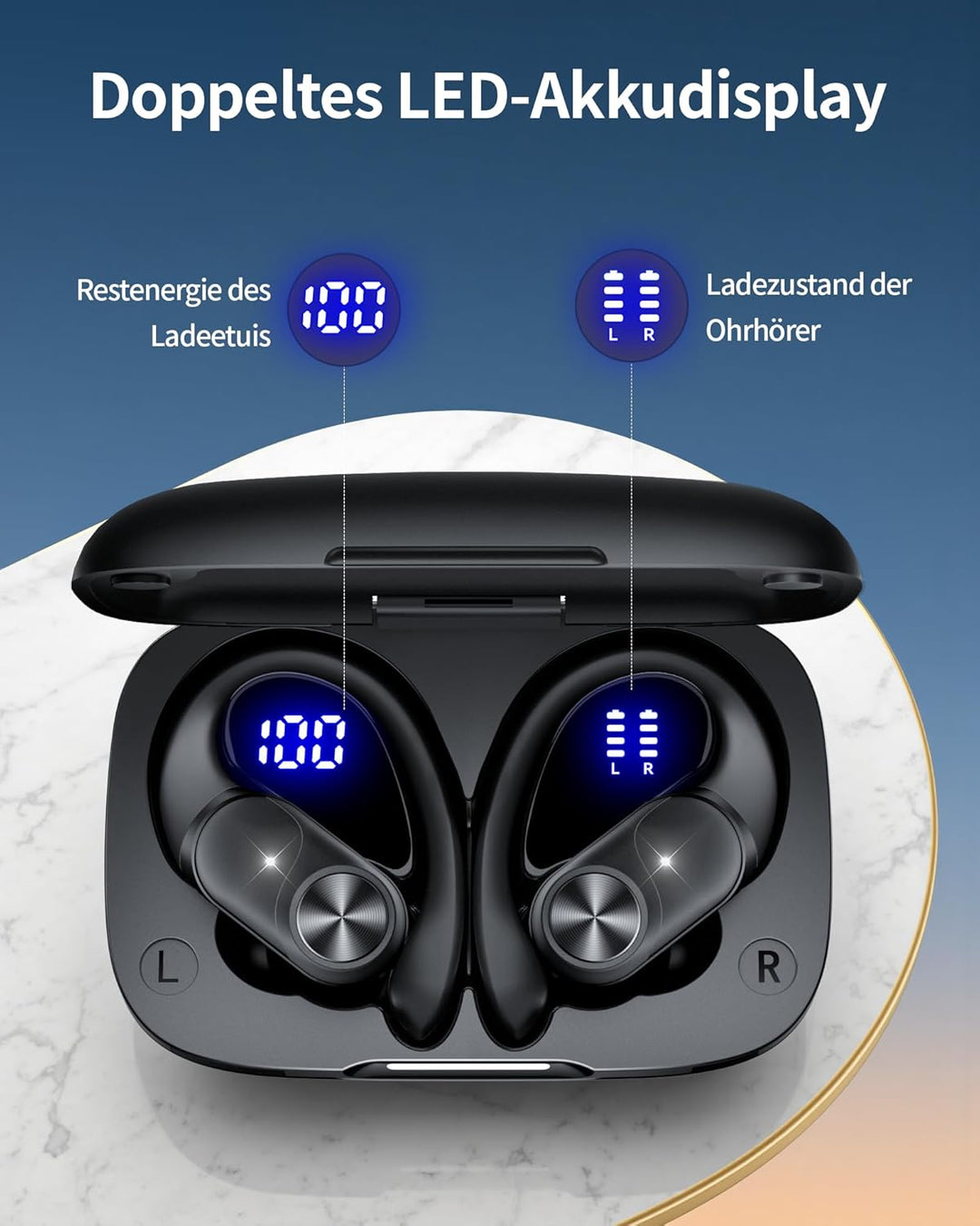 Kabellose Bluetooth Kopfhörer Sport 5.3, 80h Laufzeit, Doppel LED Akkuanzeige, IPX7 Wasserdicht, 13m