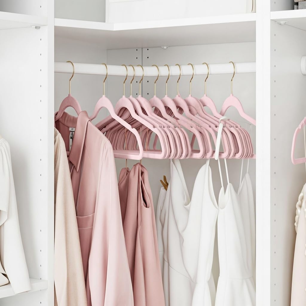 100 Stück hochwertige Samt Kleiderbügel in der Farbe Rosa mit Gold Look Haken/Anti-Rutsch/von Sticka